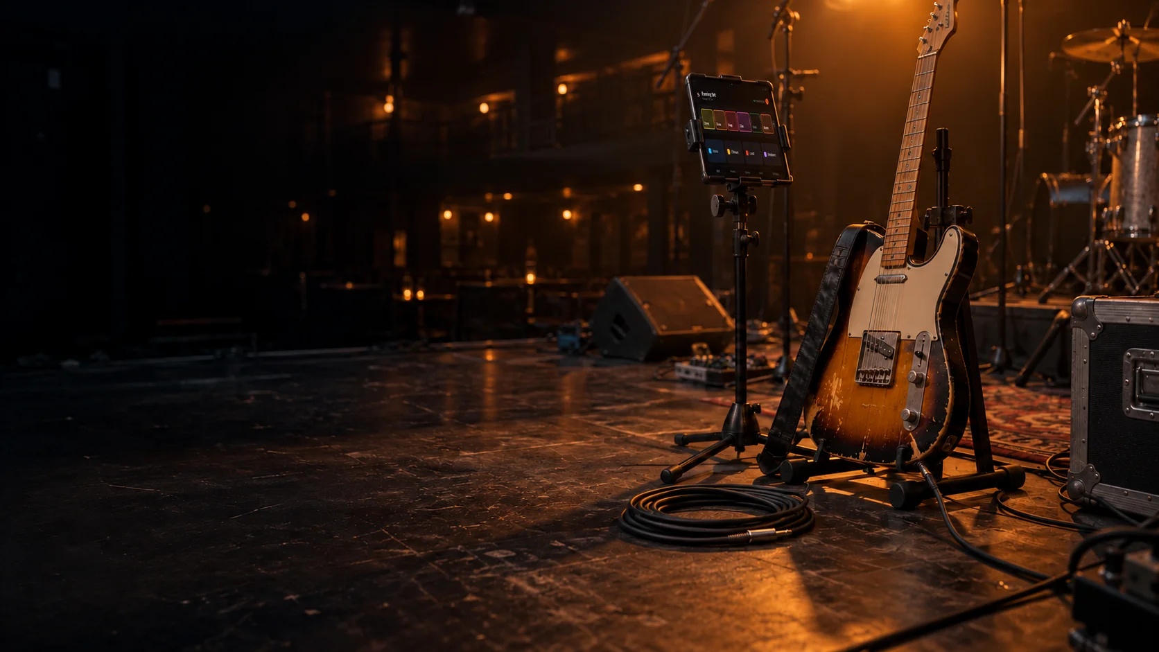A dim stage before soundcheck: a sunburst guitar beside an iPad showing Stagecoil on a stand, with a monitor wedge and drum kit behind.